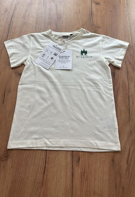 Kids’ T-Shirt „NETT&NiEDLiCH“ – Natural, Größe 116/122